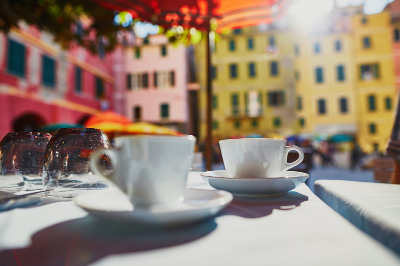 Coffee cups in cafe in Vernazza, Cinque Terre, Liguria, Italy