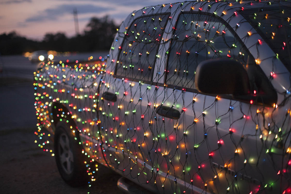 Truck covered in lights for christmas, Austin, Texas, USA